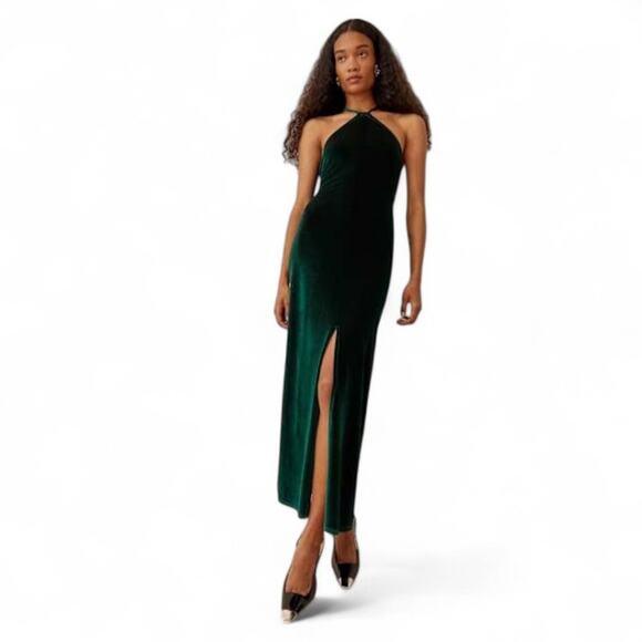 Reformation Dresses & Skirts - Reformation Nyla Velvet Halter Slit Dress Emerald Green Sleeveless Size L Large